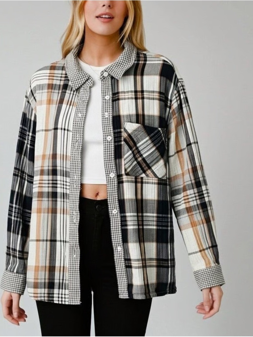 aerie muslin Plaid Button-Up Jacket in Black, Cream & Tan large oversized